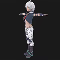 Woman With White Hair Green Eyes Red Top Black Jacket Camouflage Pants Boots Arms Outstretched