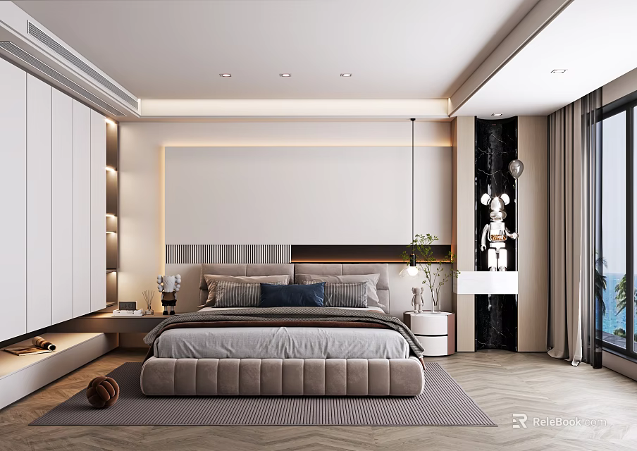 Modern Bedroom Interior Design With Upholstered Bed Built in Wardrobe And Ambient Lighting 3d model 