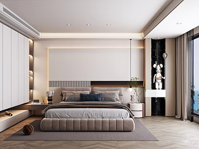 Modern Bedroom Interior Design With Upholstered Bed Built in Wardrobe And Ambient Lighting 3d model