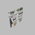 Kitchen Decorative Ornament Combination With Hanging Rods Utensils Mugs Cutting Boards Towels And Potted Plants