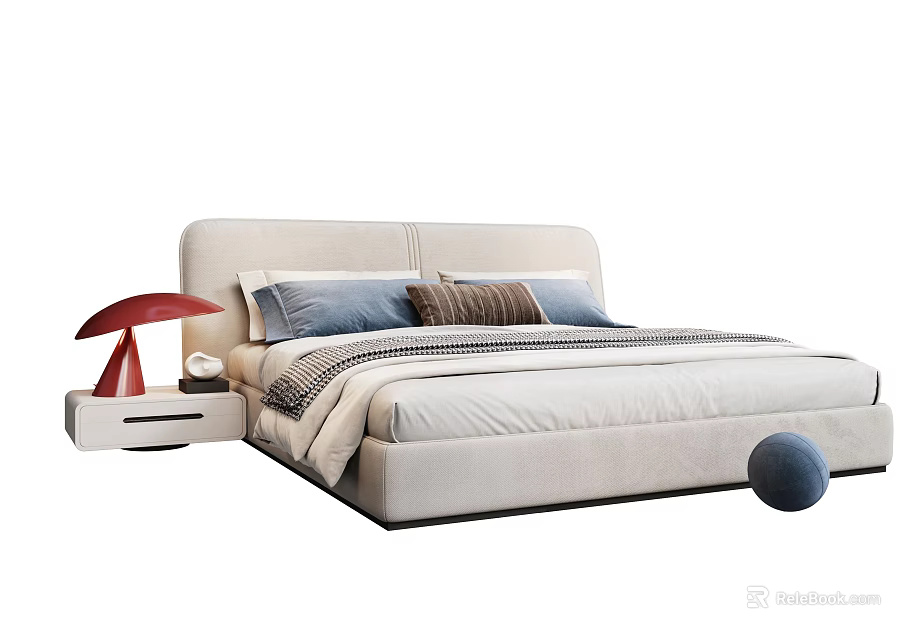 Upholstered Light Colored Double Bed With Striped Pillows Bedspread Red Table Lamp Blue Spherical Decor 3d model 