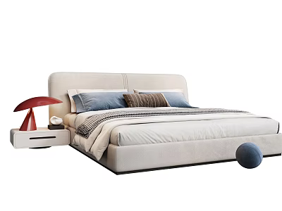 Upholstered Light Colored Double Bed With Striped Pillows Bedspread Red Table Lamp Blue Spherical Decor 3d model