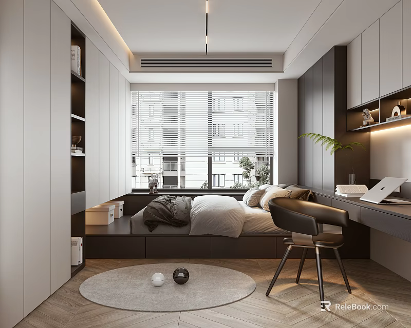 Modern Tatami Bedroom Interior Design with Platform Bed Desk Chair and Large Window Blinds 3d model 