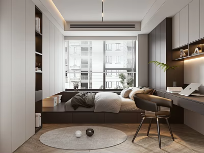 Modern Tatami Bedroom Interior Design with Platform Bed Desk Chair and Large Window Blinds 3d model