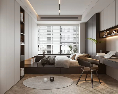 Modern Tatami Bedroom Interior Design with Platform Bed Desk Chair and Large Window Blinds 3d model