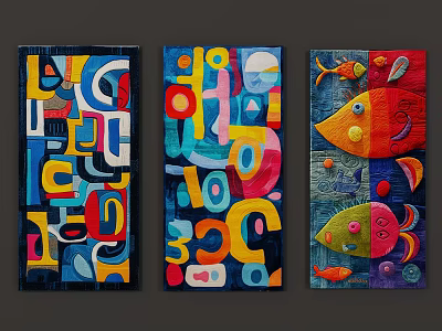 Colorful Square Rugs with Abstract Patterns and Fish Design in Vibrant Art Style 3d model