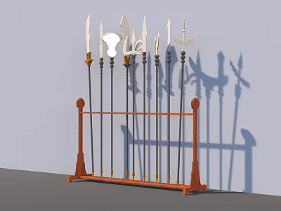 Ancient Weapons Displayed on Wooden Rack with Decorative Handles and Metal Accents 3d model
