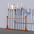 Ancient Weapons Displayed on Wooden Rack with Decorative Handles and Metal Accents