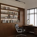 Elegant Study Room Interior With Wooden Bookshelves Floor Lamp And Leather Armchair
