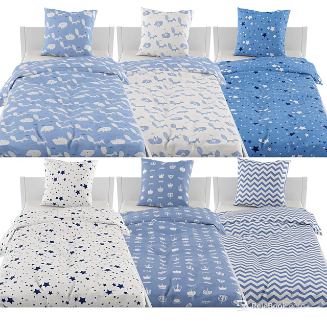 Single Bed Bedding Collection with Blue Animal Star Chevron Duvet Covers and Pillows 3d model 