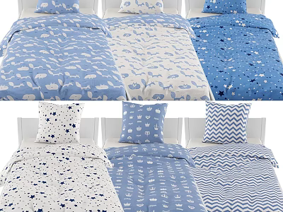 Single Bed Bedding Collection with Blue Animal Star Chevron Duvet Covers and Pillows 3d model