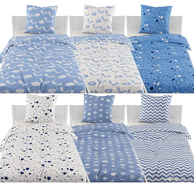 Single Bed Bedding Collection with Blue Animal Star Chevron Duvet Covers and Pillows 3d model