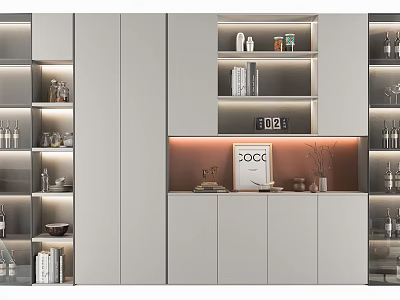 Modern Wine Cabinet With Glass Doors And LED Lighting Display Shelves 3d model