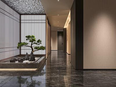 New Chinese Entryway Design Featuring Pine Tree Stone Landscape Marble Floor And Lattice Screen 3d model