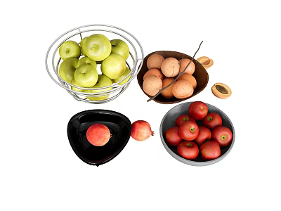Different Bowls Of Fresh Assorted Fruits With Green Apples Apricots Pomegranates And Red Apples 3d model