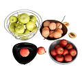 Different Bowls Of Fresh Assorted Fruits With Green Apples Apricots Pomegranates And Red Apples