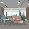 Modern Break Room Interior Design With Comfortable Sofas Area Rug Windows And Cabinetry