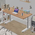 Wooden Study Desk With Laptop Mug Stacked Books And Storage Basket Setup