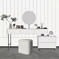 Modern Dressing Table Interior With White Countertop Round Mirror Cosmetics Vase And White Stool 3d model