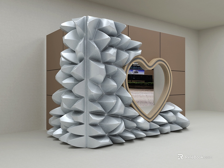 Silver Event Entrance With Petal Shaped Protrusions Heart Shaped Mirror Wooden Frame And Brown Cabinets 3d model 