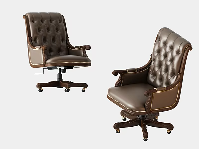Brown Leather Office Chair With Tufted Design Armrests And Wheeled Base 3d model