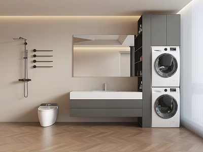 Contemporary Bathroom Sink Vanity with Mirror Gray Cabinets Washing Machine Dryer and Herringbone Wooden Floor 3d model