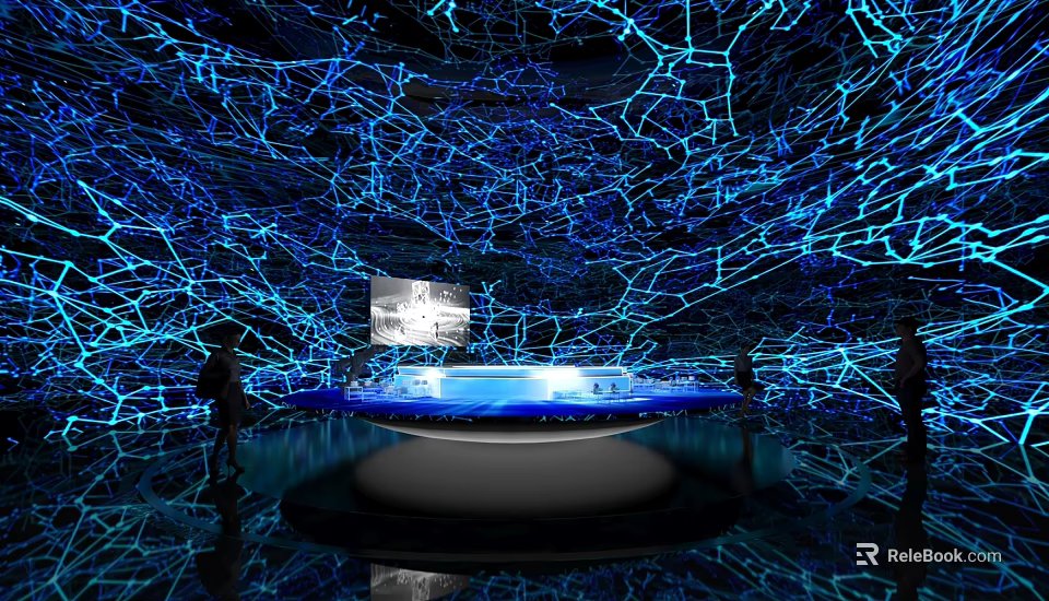 Modern Exhibition Hall with Blue Lighting Network-like Structure and Central Display Platform 3d model 
