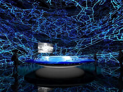 Modern Exhibition Hall with Blue Lighting Network-like Structure and Central Display Platform 3d model