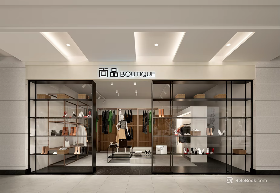Modern Boutique Clothing Store With Glass Facade And Display Racks For Clothes Shoes 3d model 