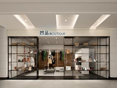 Modern Boutique Clothing Store With Glass Facade And Display Racks For Clothes Shoes 3d model