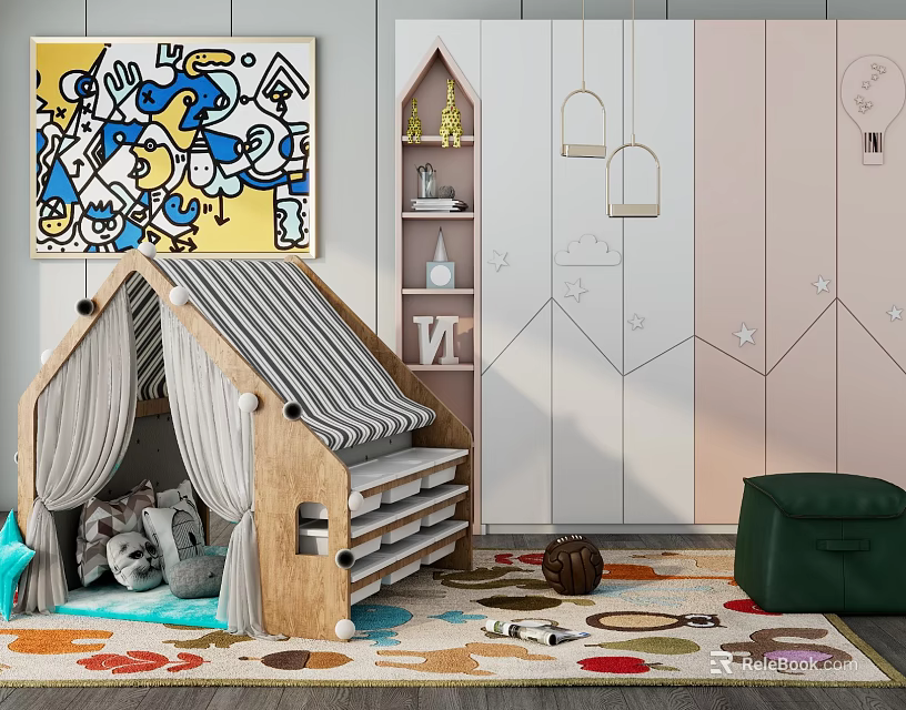 Modern Kids Wardrobe Interior With Colorful Rug Abstract Painting And Mountain Wall 3d model 