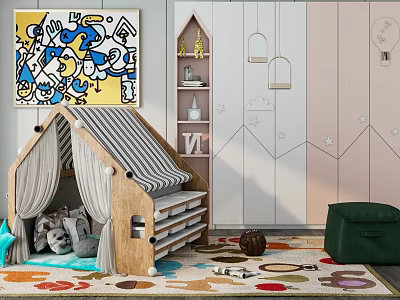 Modern Kids Wardrobe Interior With Colorful Rug Abstract Painting And Mountain Wall 3d model