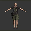 A Man Wearing Black T-shirt And Camouflage Shorts With Arms Outstretched Carrying Black Bag