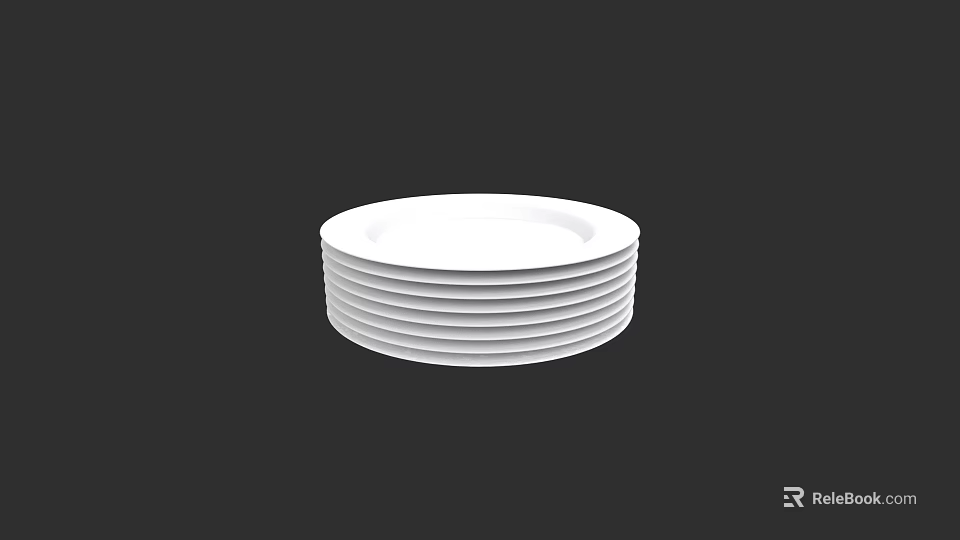 Neatly Stacked Set Of White Ceramic Plates On Black Background Surface 3d model 