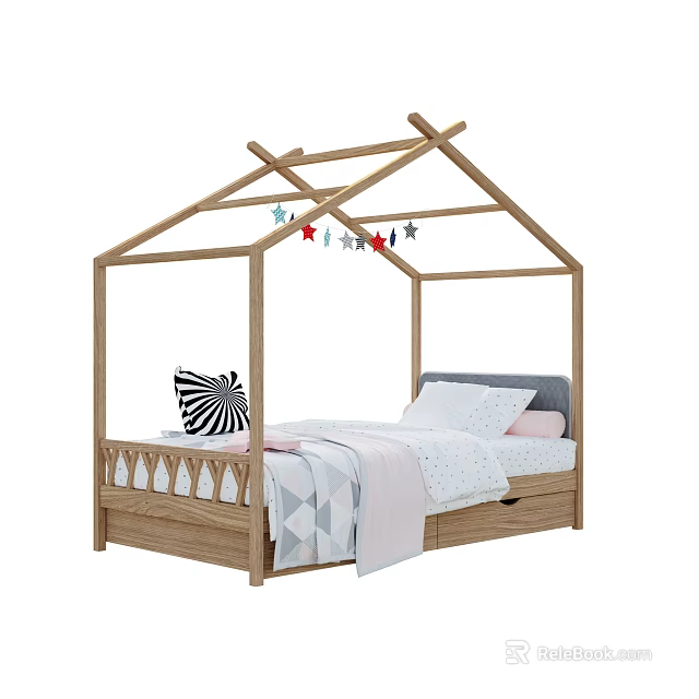 Wooden Kids Bed With House Roof Frame Star Decorations And Storage Drawers 3d model 