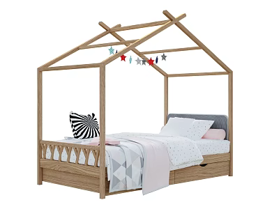 Wooden Kids Bed With House Roof Frame Star Decorations And Storage Drawers 3d model