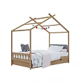 Wooden Kids Bed With House Roof Frame Star Decorations And Storage Drawers
