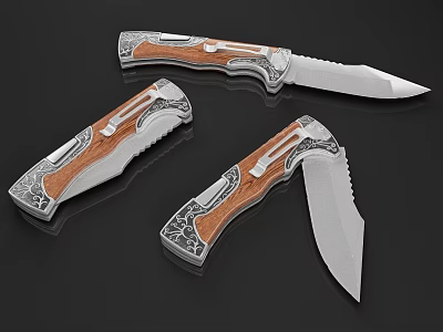 Folding Knives Featuring Stainless Steel Blades And Wooden Handles With Intricate Details 3d model