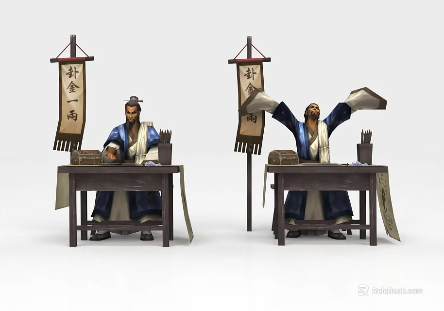 Ancient Chinese Characters In Traditional Clothing Holding Scrolls At Wooden Tables With Hanging Banners 3d model 