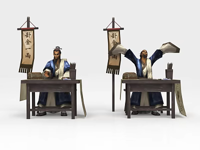 Ancient Chinese Characters In Traditional Clothing Holding Scrolls At Wooden Tables With Hanging Banners 3d model