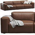 Brown Modern Three Seater Sofa With Gray Pillows And Throw Blanket 3d model