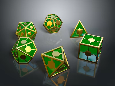 Green And Gold Polyhedral Dice With Various Shapes For Decorative Tabletop Accessories 3d model