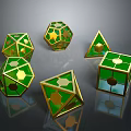 Green And Gold Polyhedral Dice With Various Shapes For Decorative Tabletop Accessories