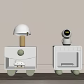 White Nightstands With Table Lamp Robot Bear Figurine And Green Wheels