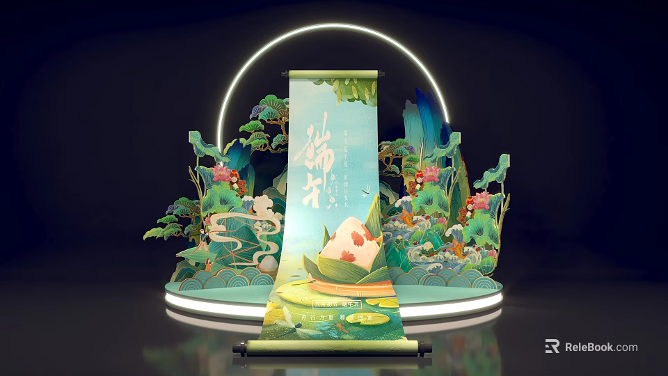 Traditional Dragon Boat Festival Scroll Display With Lotus Dragon Boat And Zongzi 3d model 