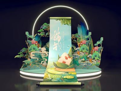 Traditional Dragon Boat Festival Scroll Display With Lotus Dragon Boat And Zongzi 3d model