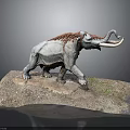 Detailed Wooly Mammoth Model With Long Tusks On Natural Rock Base