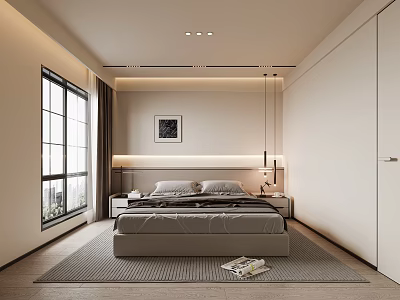 Modern Minimalist Bedroom With Double Bed Bedside Lamps Area Rug Curtains And Sliding Wardrobe 3d model