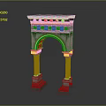 Wooden Stone Archway Structure with Intricate Carvings and Decorative Pillars