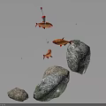 Vibrant Red Fish Floating Near Mossy Rocks With Fishing Line Details